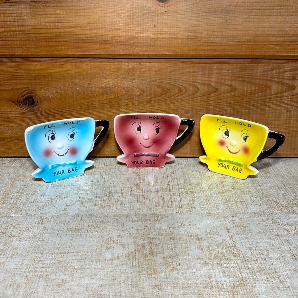 Vintage NAPCO Ceramic Tea Bag Holders (Japan) "I'll Hold Your Bag" Set of 3